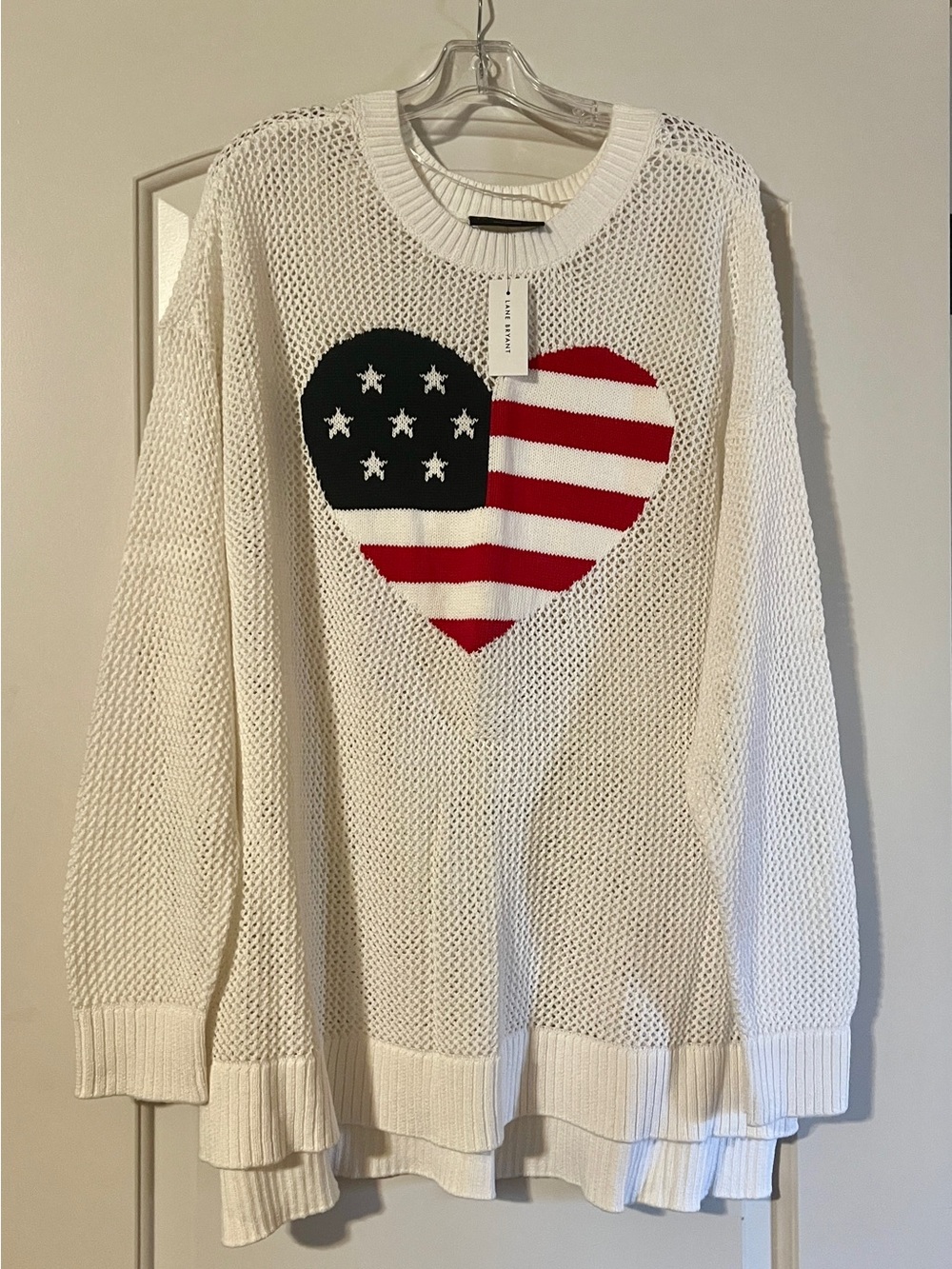 Lane Bryant White Open-Knit Crewneck Sweater with Flag Heart